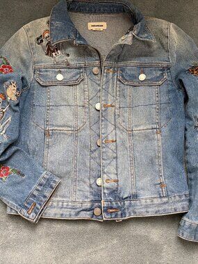 he Zadig & Voltaire Women's Blue Skeleton Tiger Embroidered Denim Jacket in size